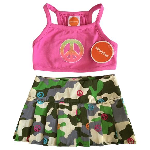 SimplyDog Dog Outfit Size Small Pink Tank Top Camo Peace Skirt 2 Piece Set NWT - Picture 1 of 14